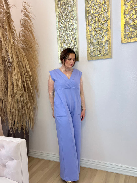 April Sleeveless Surplice Neck Wide- Leg Solid Jumpsuit