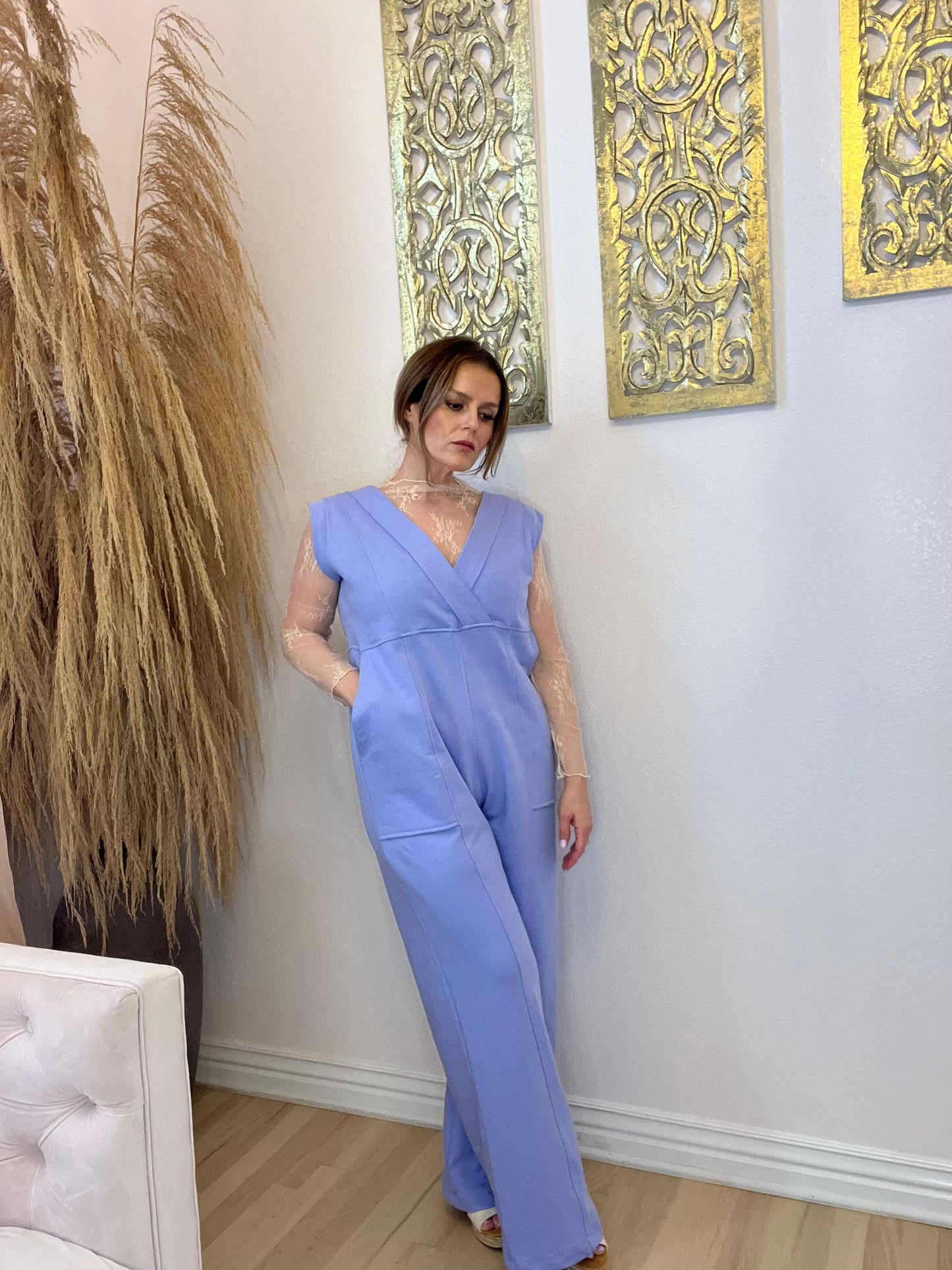 April Sleeveless Surplice Neck Wide- Leg Solid Jumpsuit