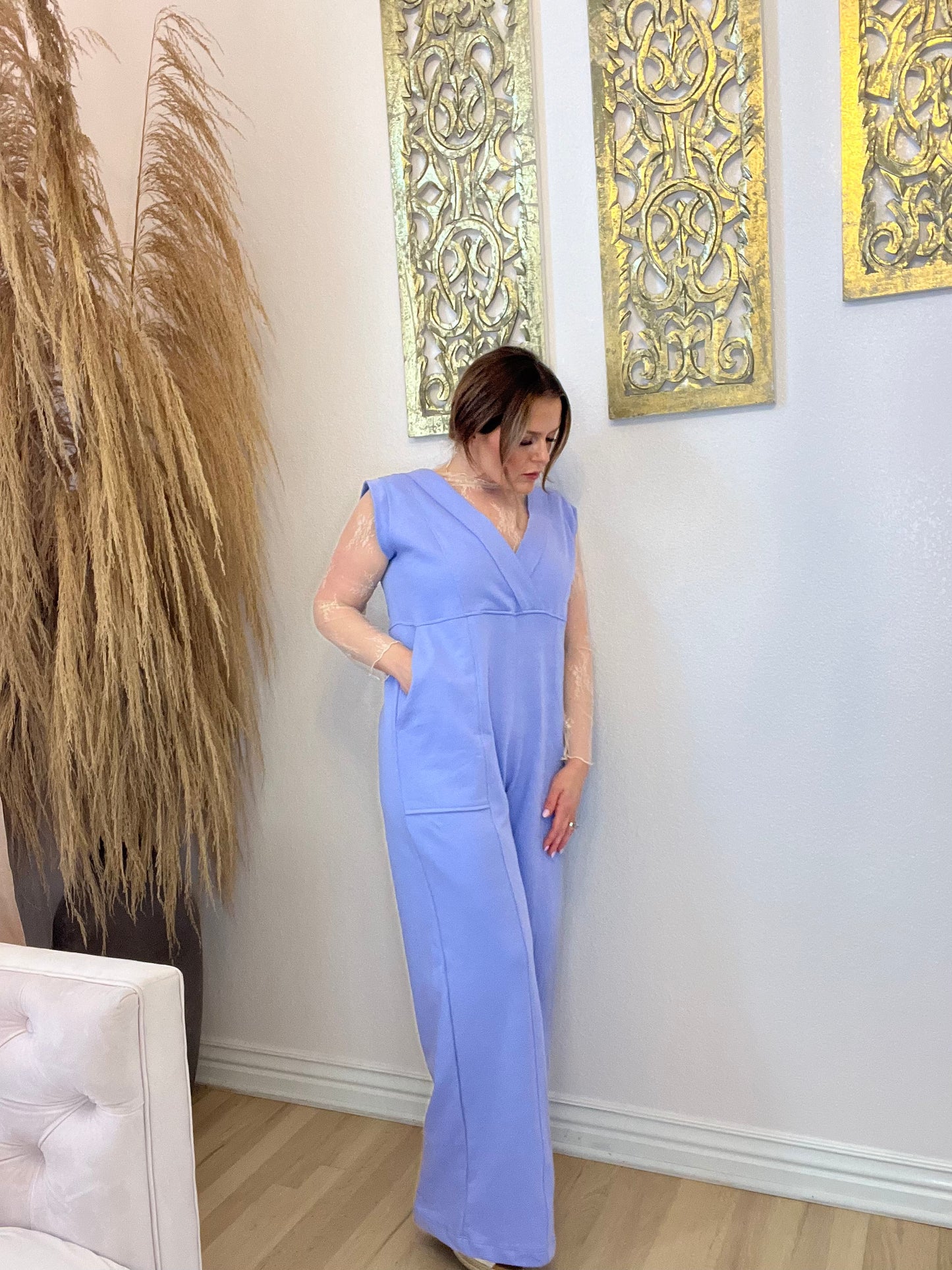 April Sleeveless Surplice Neck Wide- Leg Solid Jumpsuit